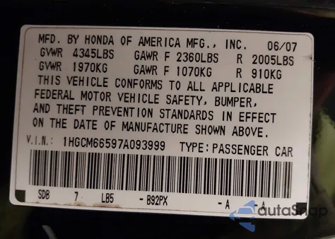 2007 Honda Accord 3.0 Ex z USA, uszkodzony, nr VIN 1HGCM66597A093999